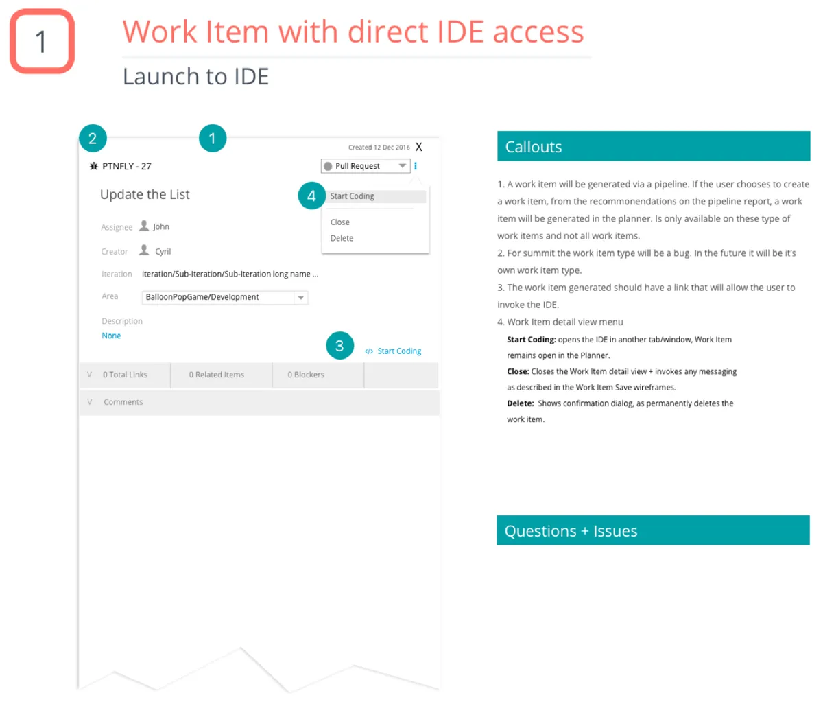 Wireframe of the work item to coding experience